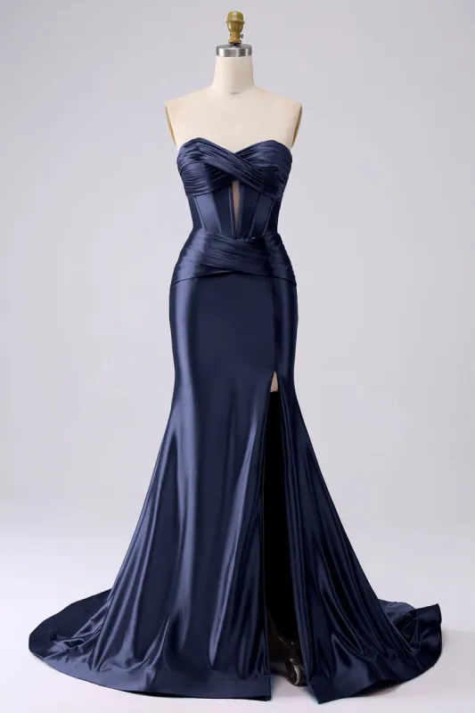 Sparkly Gold Mermaid Sweetheart Corset Long Prom Dress with Slit sold by Zapaka
