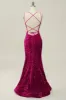 Hot Pink Sequin Spaghetti Straps Mermaid Prom Dress with Lace-up Back sold by Zapaka