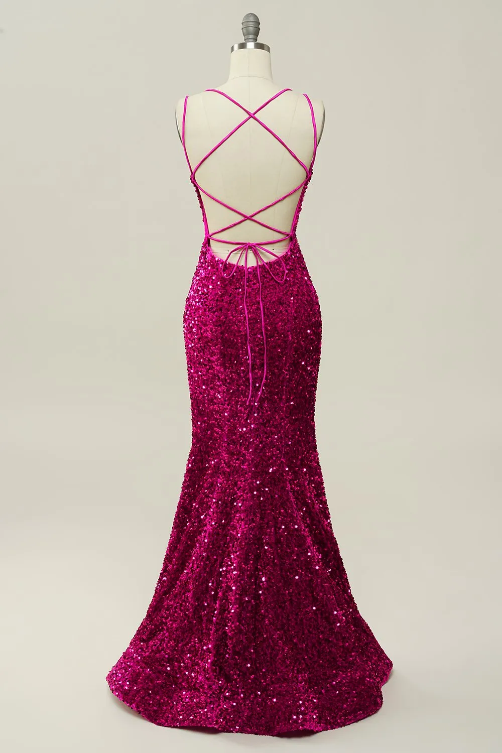 Hot Pink Sequin Spaghetti Straps Mermaid Prom Dress with Lace-up Back sold by Zapaka product image thumbnail 2