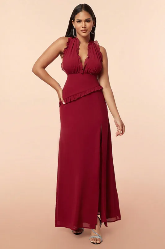 Burgundy Halter Ruffles Prom Dress with Slit sold by Zapaka
