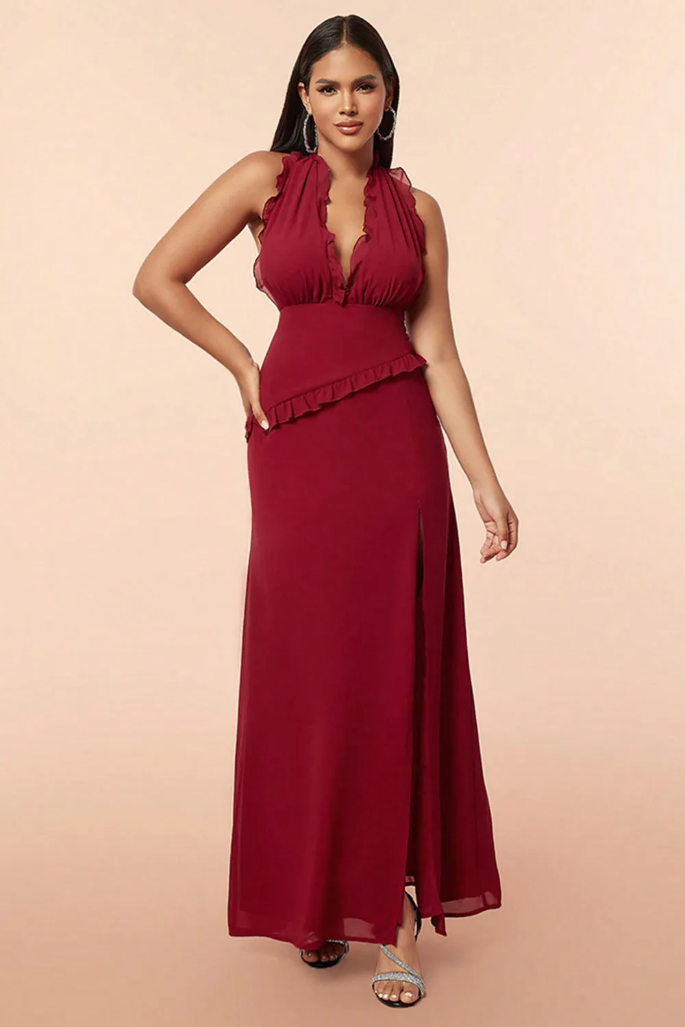 Burgundy Halter Ruffles Prom Dress with Slit sold by Zapaka