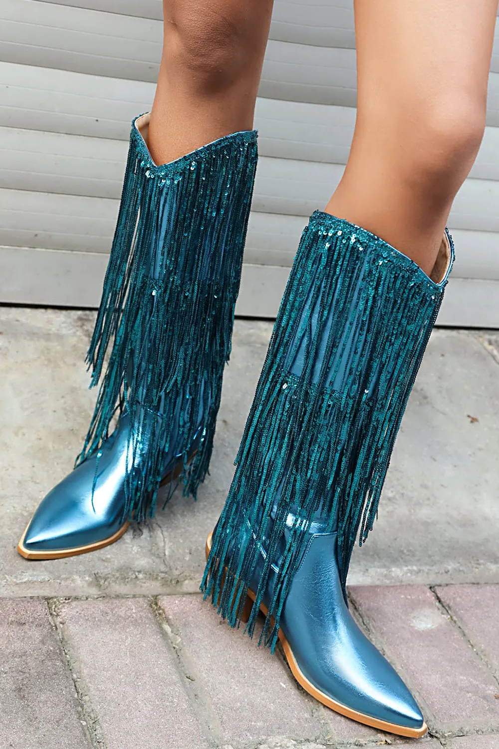 Women's Blue Fringe Metallic Pointed Toe Chunky Heel Mid Calf Boots sold by Zapaka product image thumbnail 3