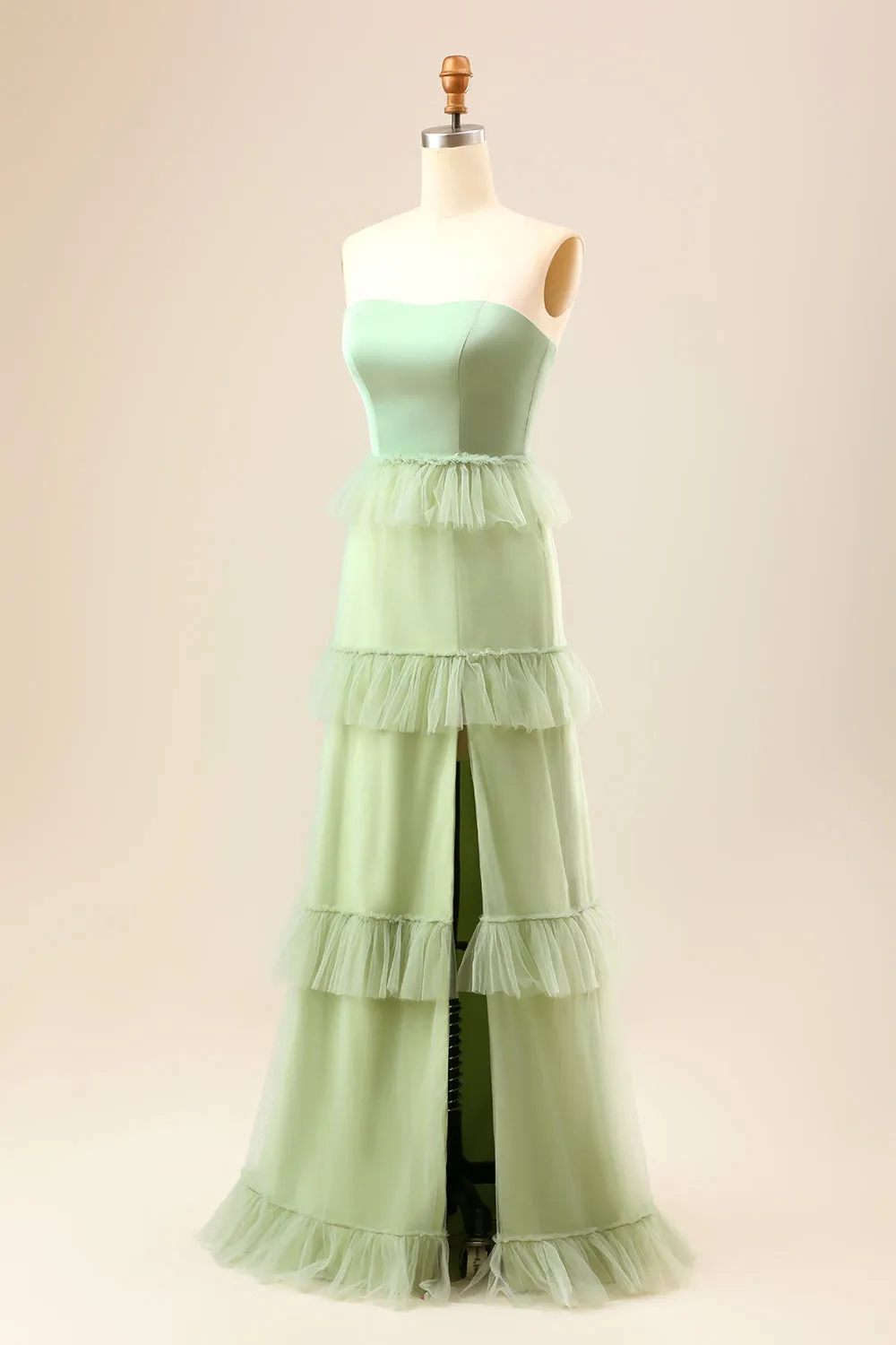 A-Line Strapless Matcha Tiered Long Bridesmaid Dress with Ruffles sold by Zapaka product image thumbnail 3