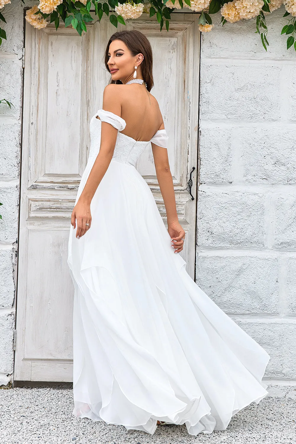 Elegant A Line Off the Shoulder Ivory Chiffon Wedding Dress with Lace sold by Zapaka product image thumbnail 2