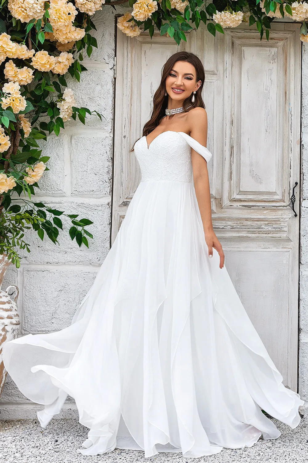 Elegant A Line Off the Shoulder Ivory Chiffon Wedding Dress with Lace sold by Zapaka product image thumbnail 4