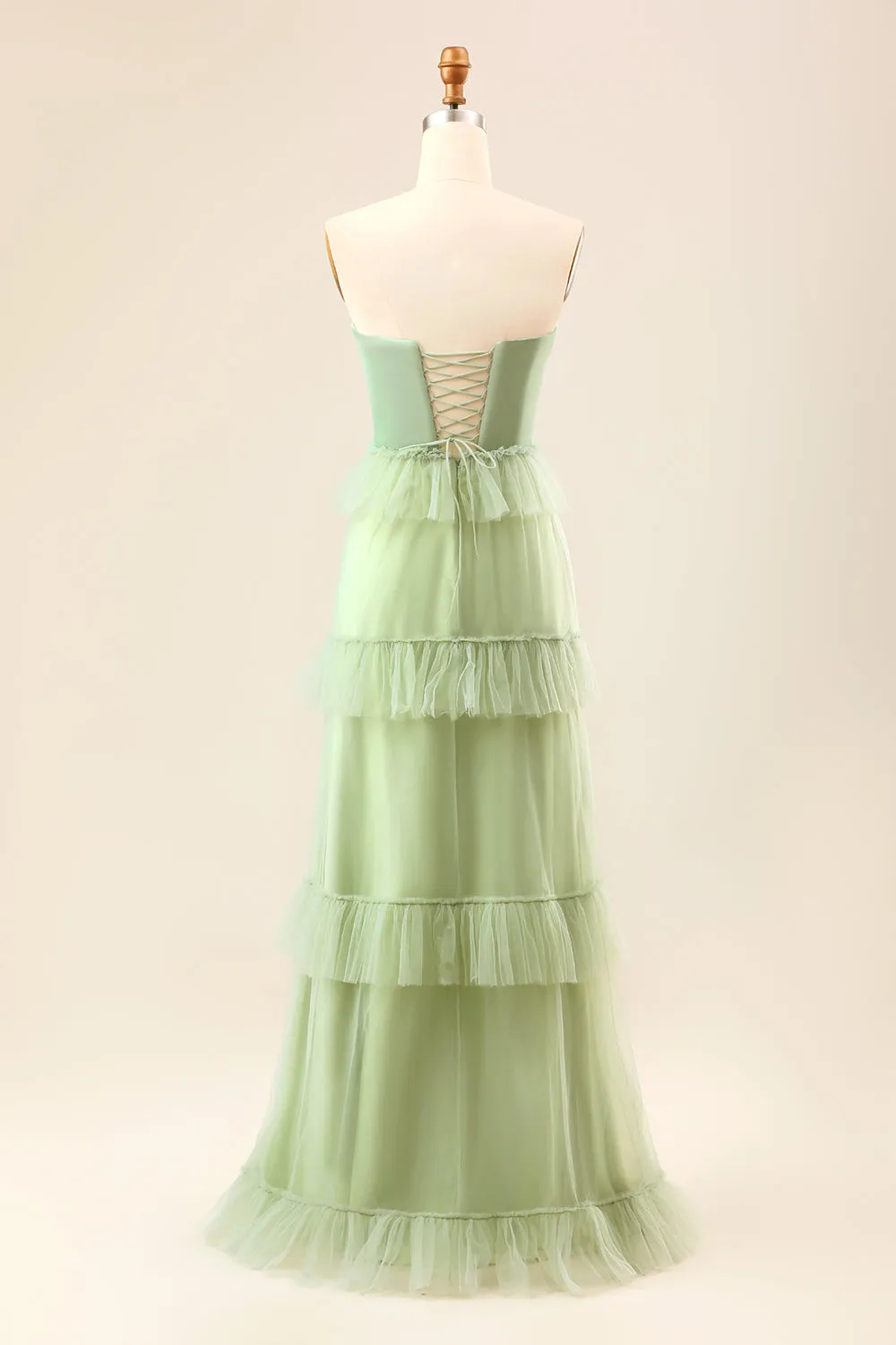 A-Line Strapless Matcha Tiered Long Bridesmaid Dress with Ruffles sold by Zapaka product image thumbnail 2
