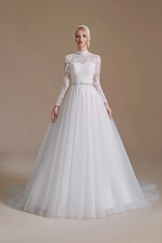White A-Line High Neck Long Sleeves Wedding Dress with Lace sold by Zapaka
