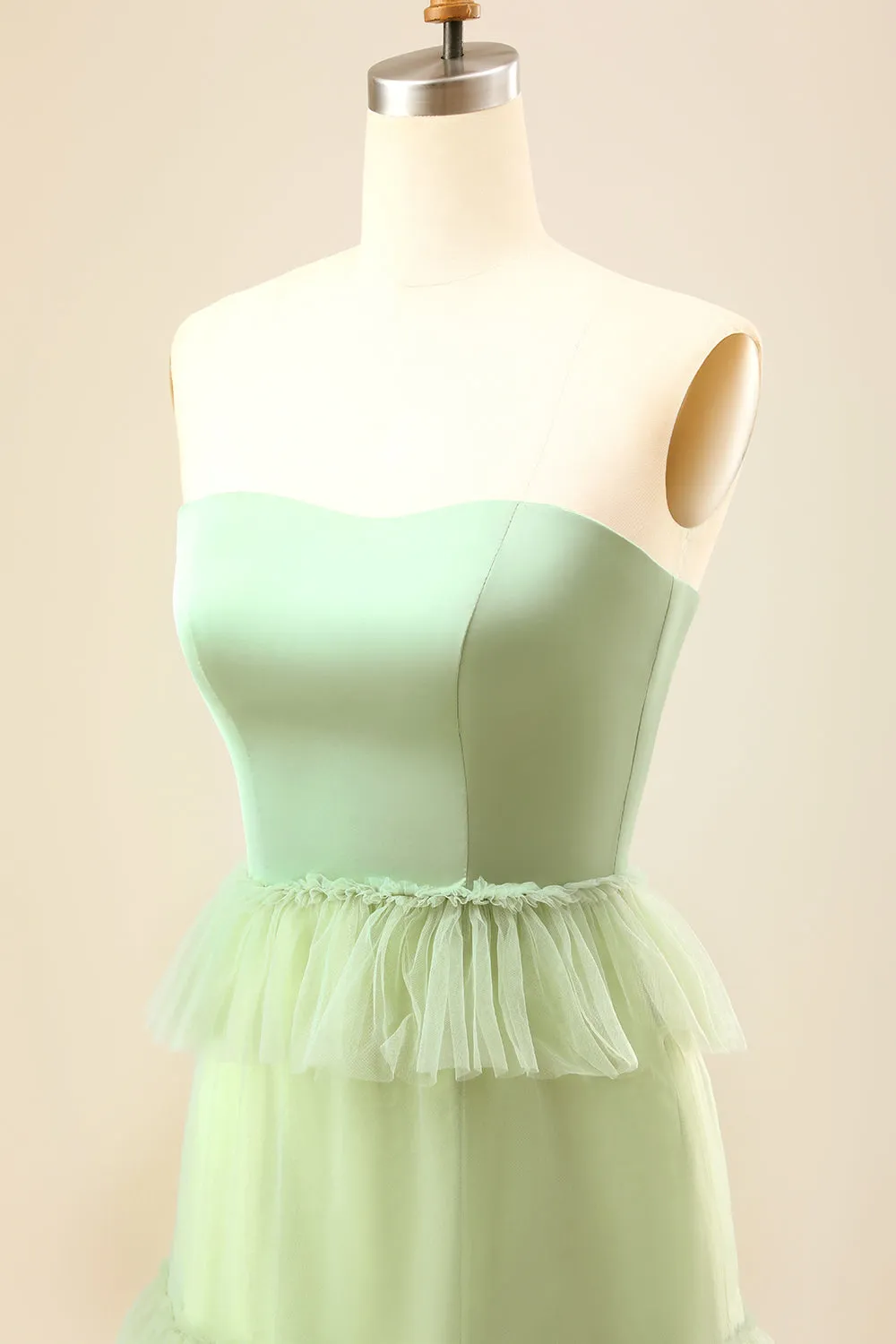 A-Line Strapless Matcha Tiered Long Bridesmaid Dress with Ruffles sold by Zapaka product image thumbnail 4
