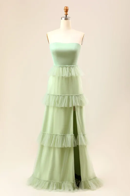 A-Line Strapless Matcha Tiered Long Bridesmaid Dress with Ruffles sold by Zapaka