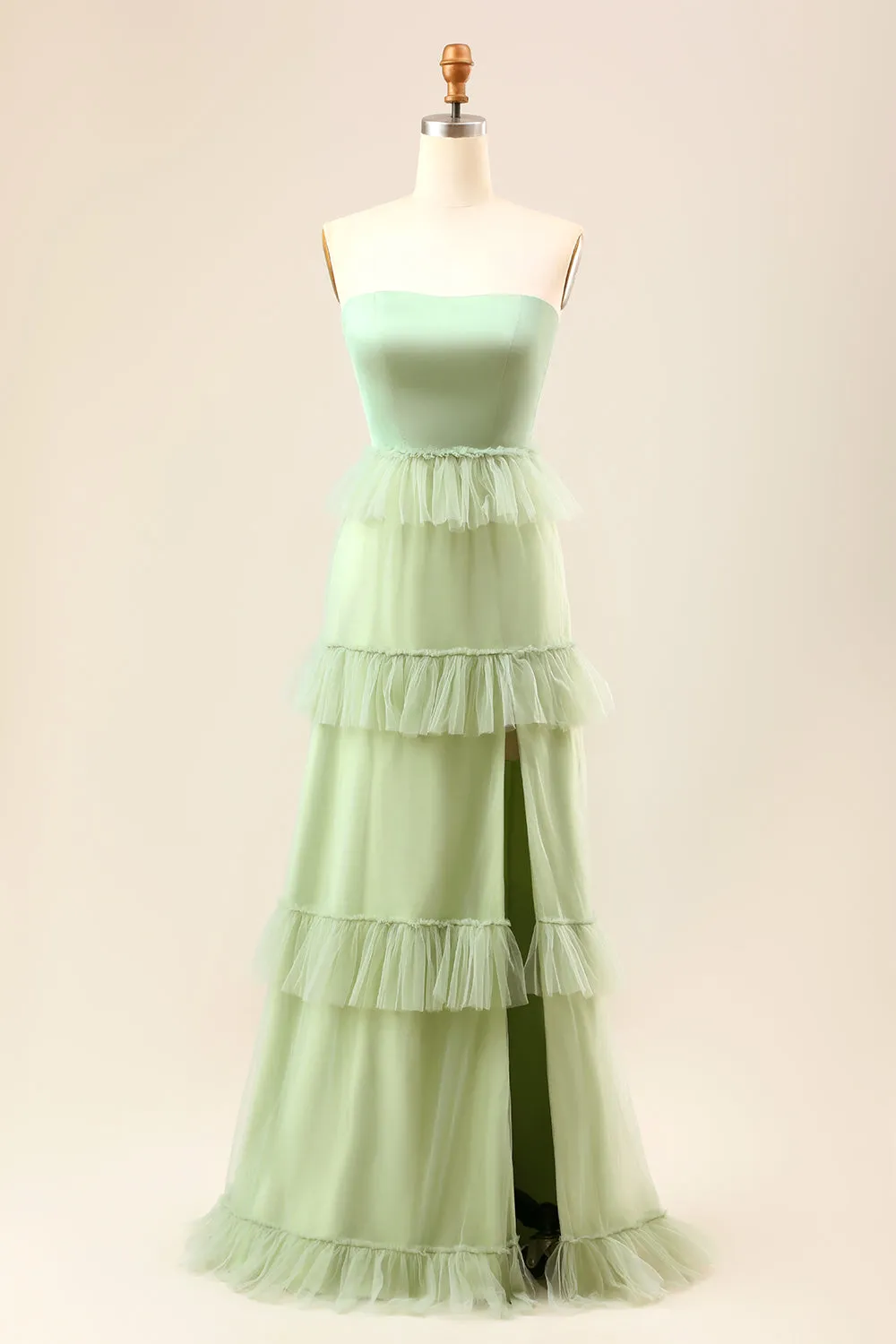 A-Line Strapless Matcha Tiered Long Bridesmaid Dress with Ruffles sold by Zapaka