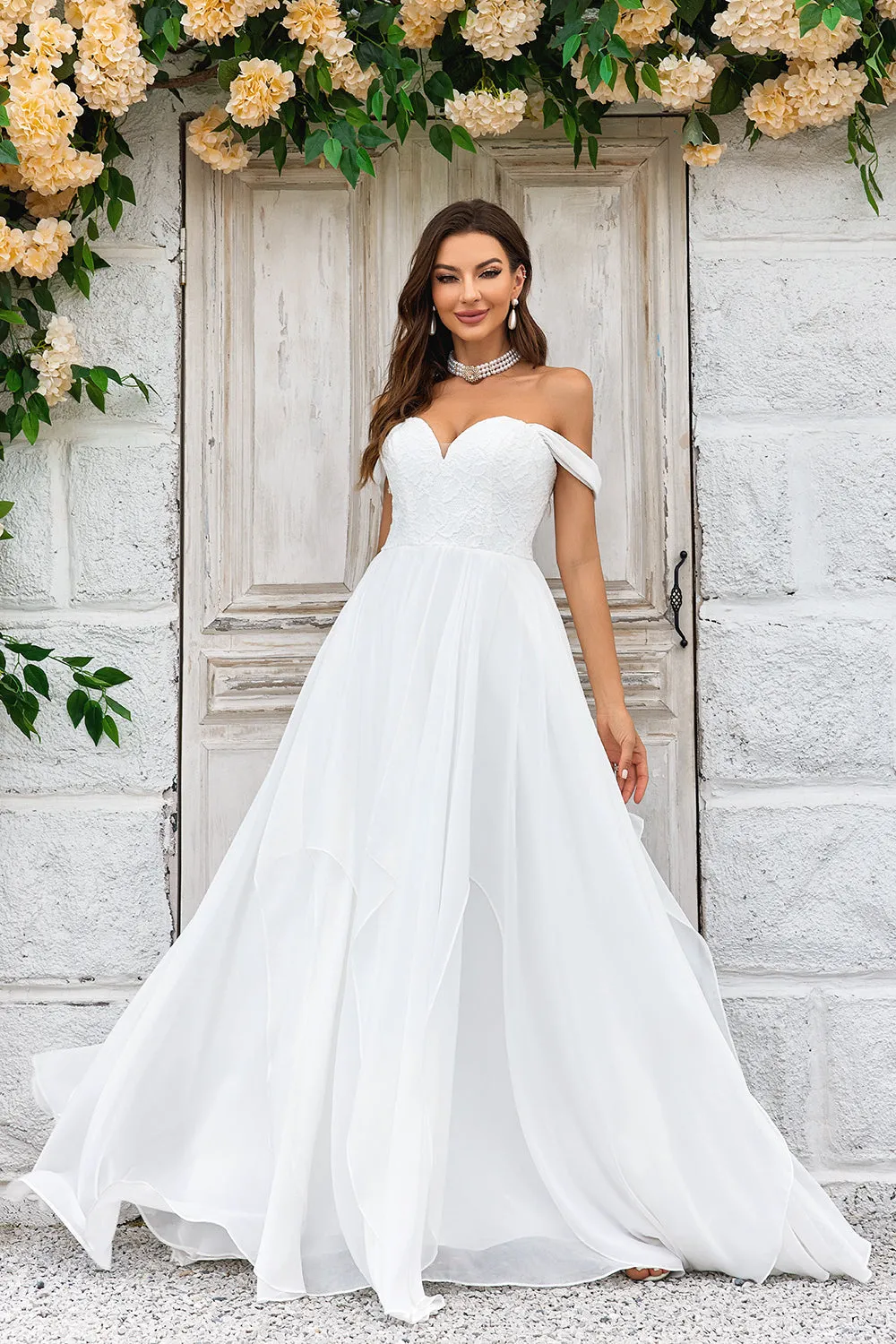 Elegant A Line Off the Shoulder Ivory Chiffon Wedding Dress with Lace sold by Zapaka product image thumbnail 3