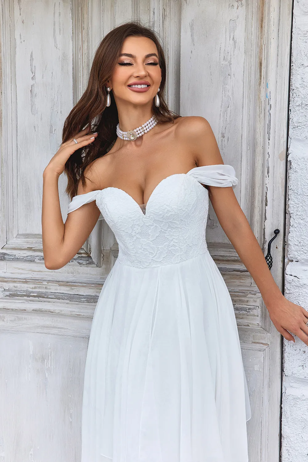 Elegant A Line Off the Shoulder Ivory Chiffon Wedding Dress with Lace sold by Zapaka product image thumbnail 5
