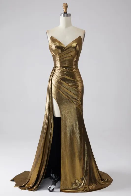 Sparkly Mermaid Golden Long Prom Dress with Slit sold by Zapaka
