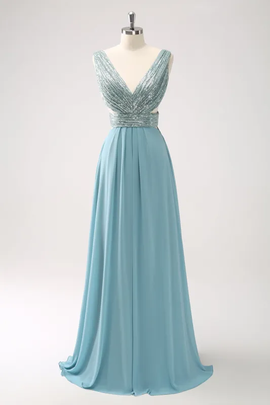 Grey Green V Neck A-Line Sequins Chiffon Long Bridesmaid Dress sold by Zapaka