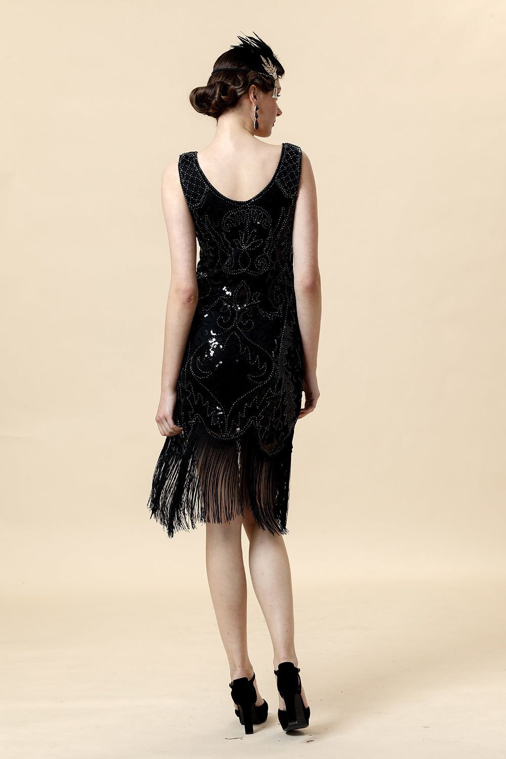 Beaded Black Fringed Flapper Dress with 20s Accessories Set sold by Zapaka product image thumbnail 3