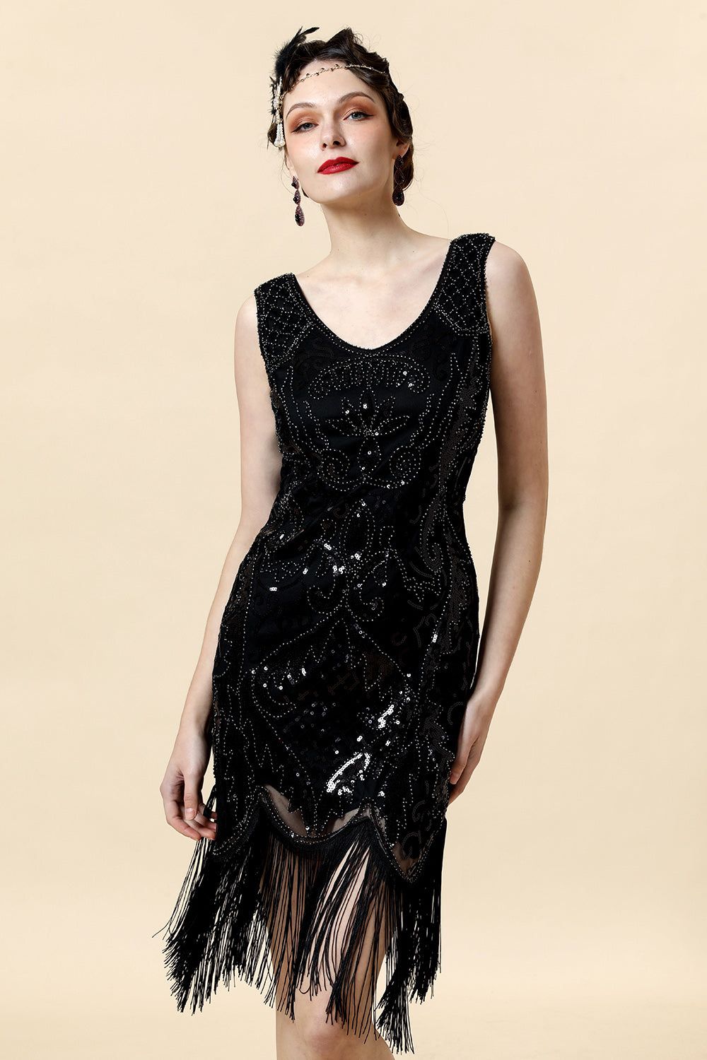 Beaded Black Fringed Flapper Dress with 20s Accessories Set sold by Zapaka product image thumbnail 4