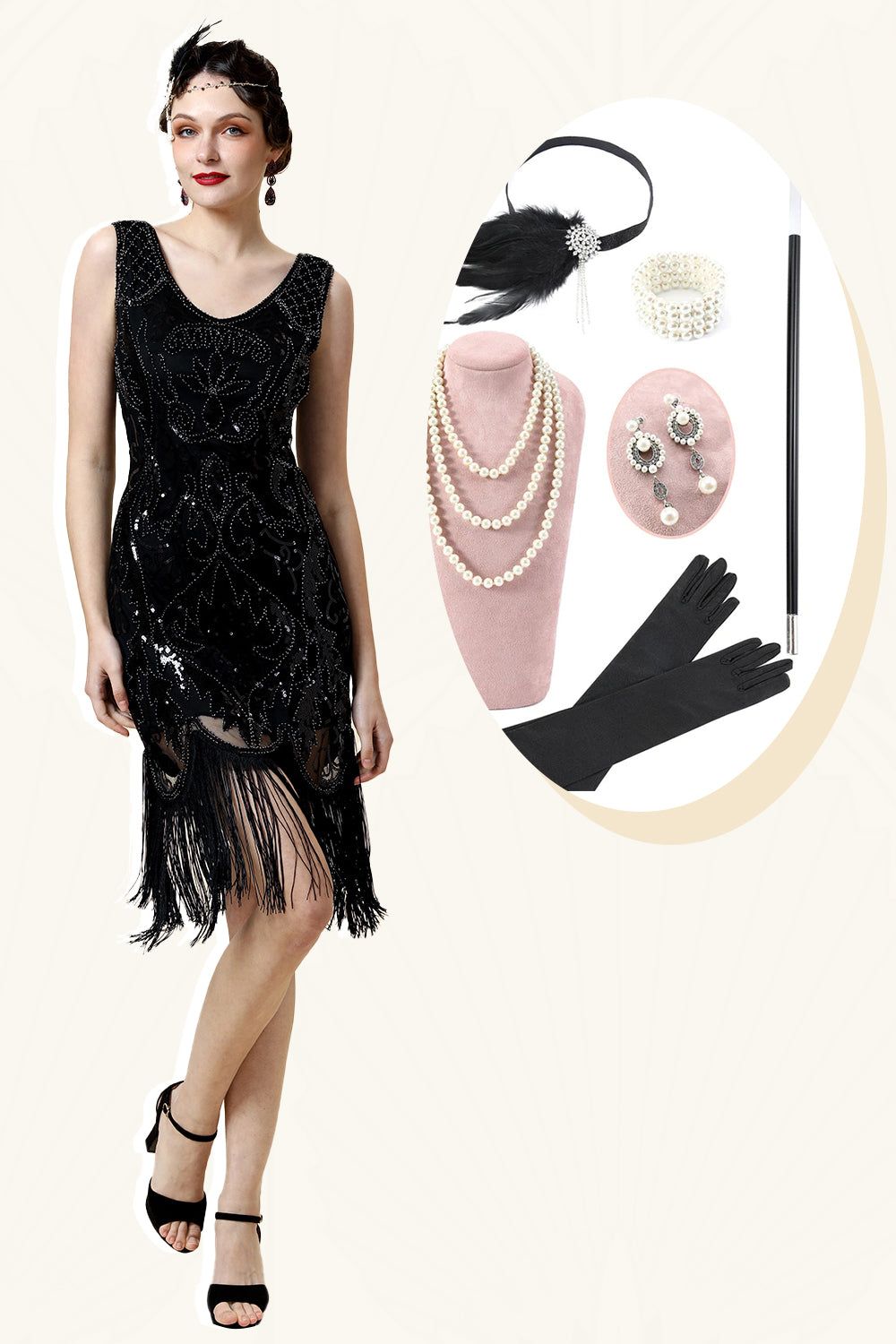Beaded Black Fringed Flapper Dress with 20s Accessories Set sold by Zapaka