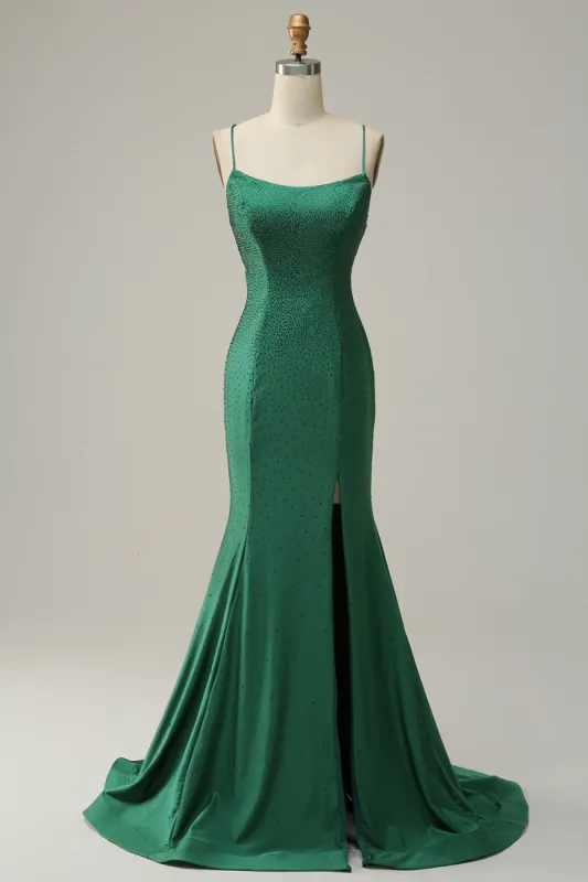 Mermaid Spaghetti Straps Dark Green Long Prom Dress with Beading sold by Zapaka
