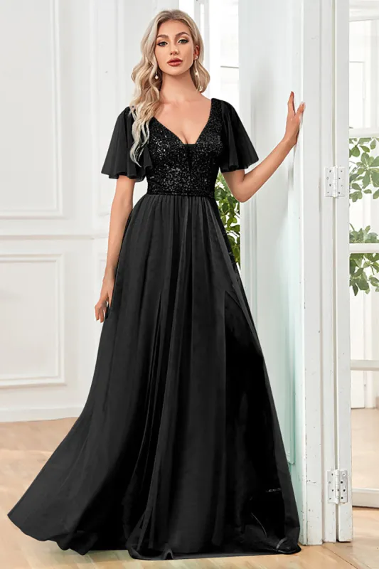Black A-Line V Neck Long Prom Dress with Sequins sold by Zapaka