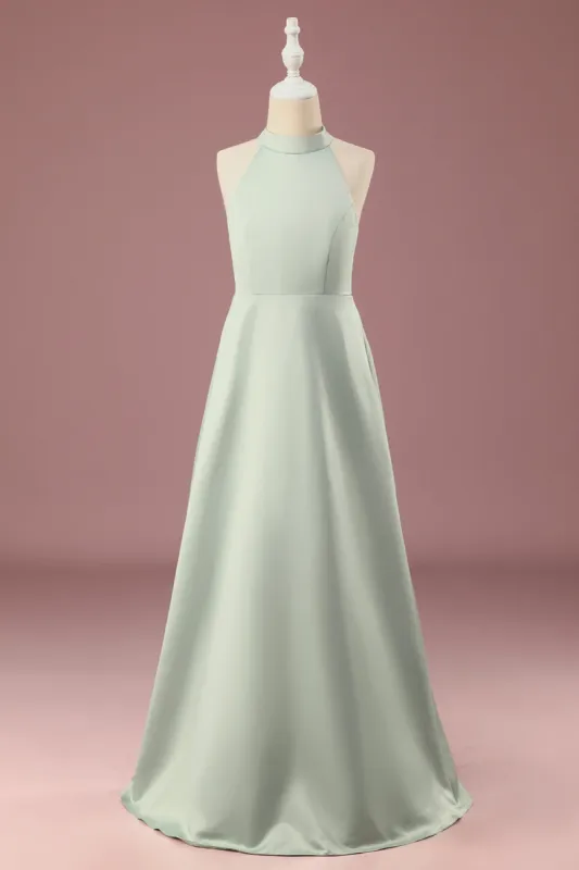 Matcha Satin A-line Halter Sleeveless Long Junior Bridesmaid Dress sold by Zapaka