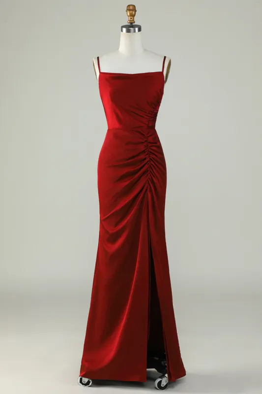 Spaghetti Straps Burgundy Long Bridesmaid Dress with Split Front sold by Zapaka