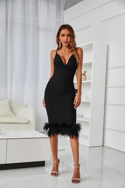 Black Bodycon Midi Dress with Feathers sold by Zapaka