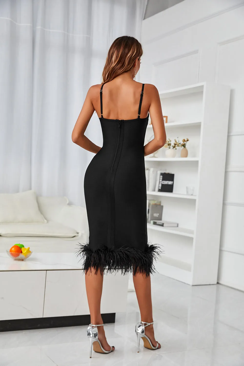 Black Bodycon Midi Dress with Feathers sold by Zapaka product image thumbnail 2