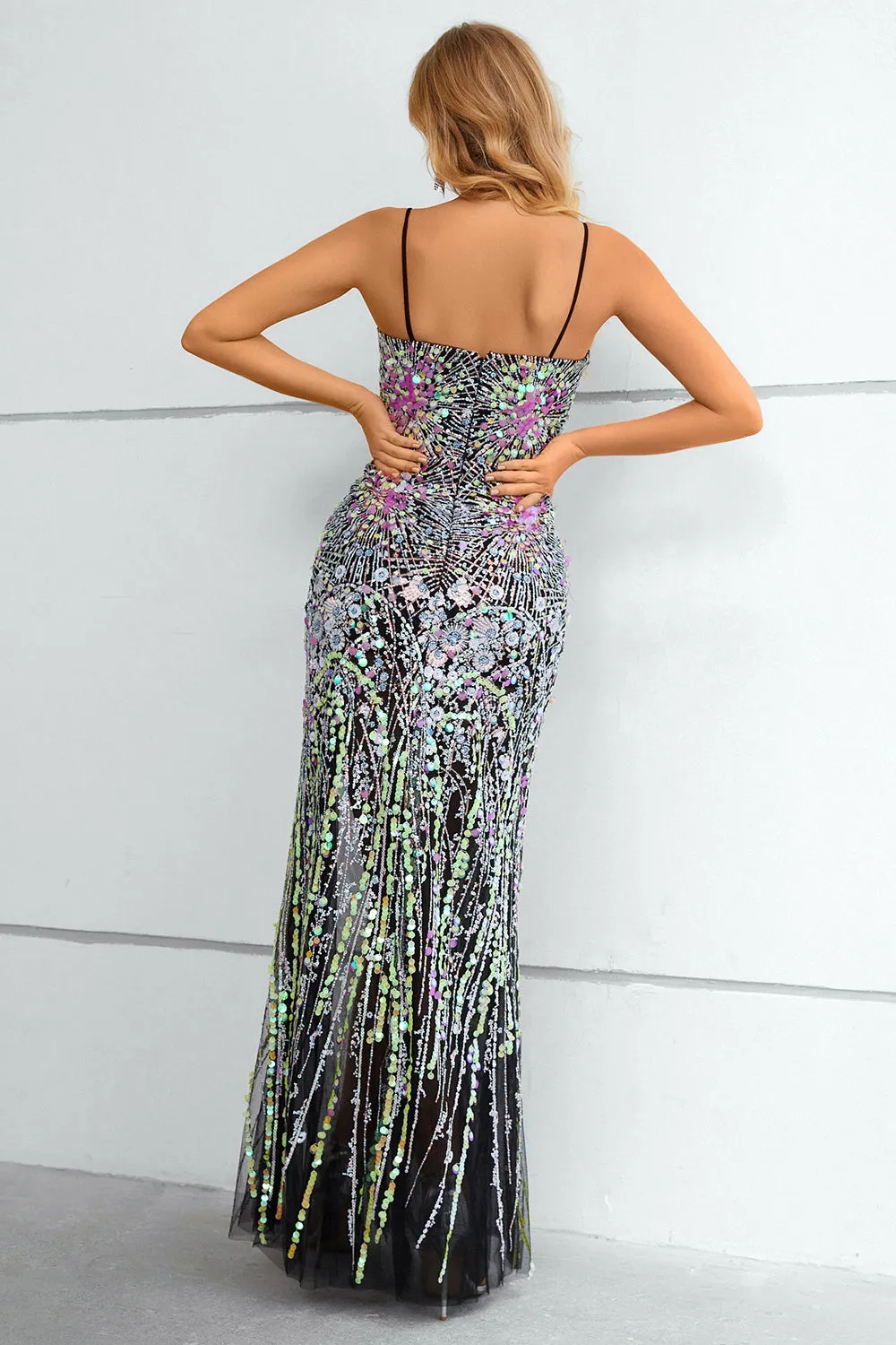 Black Spaghetti Straps Beaded Prom Dress With Slit sold by Zapaka product image thumbnail 2