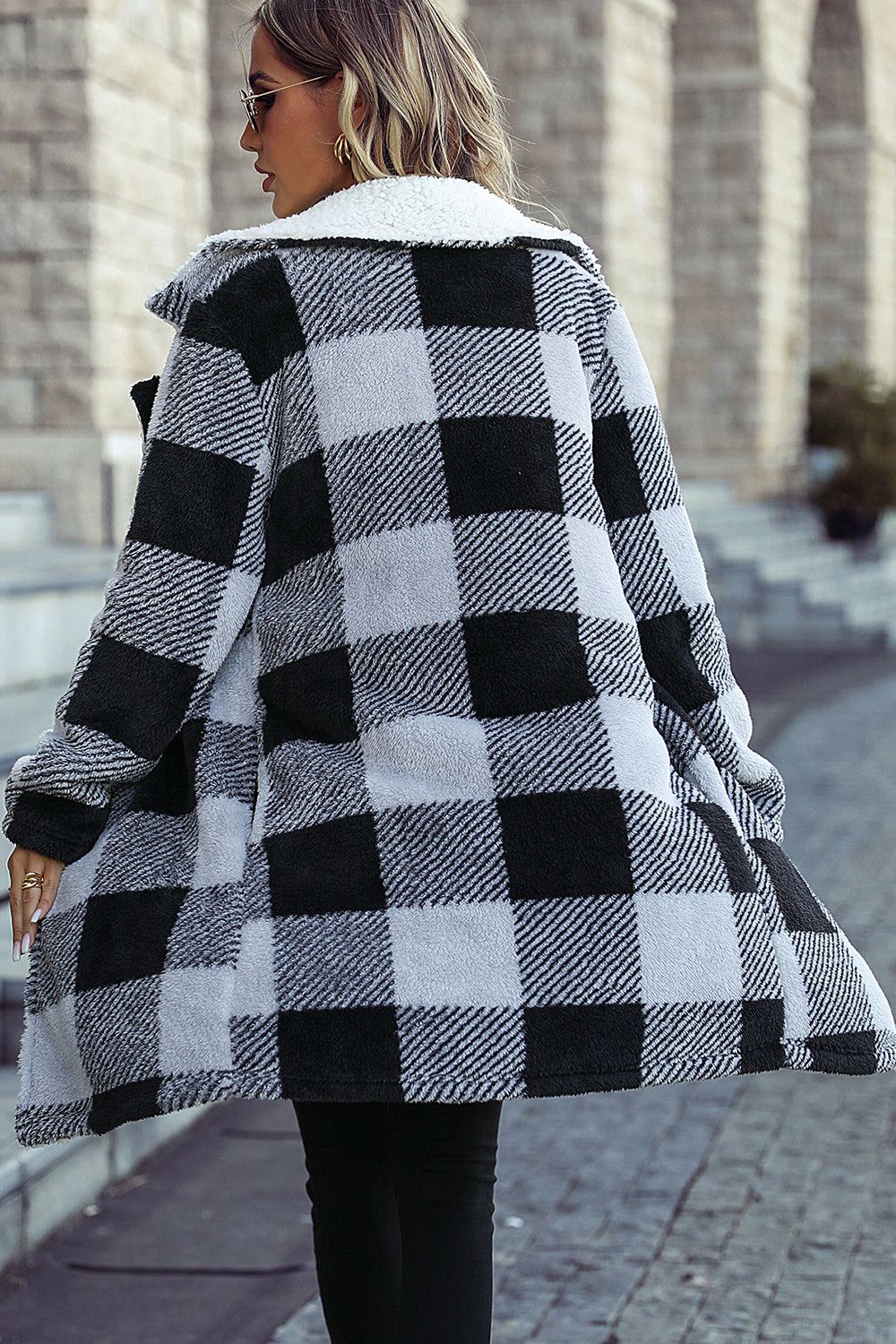 Black Fleece Plaid Notched Lapel Midi Coat With Pockets sold by Zapaka product image thumbnail 2