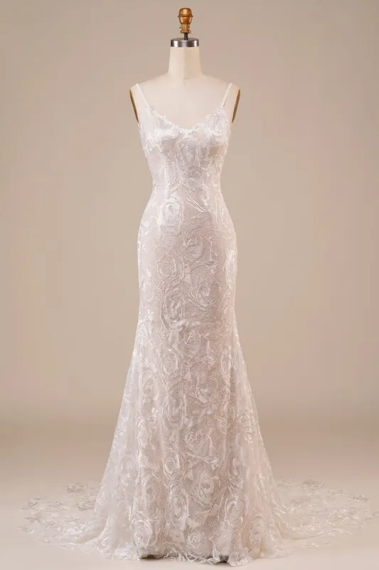 Backless Lace Ivory Wedding Dress with Sweep Train sold by Zapaka