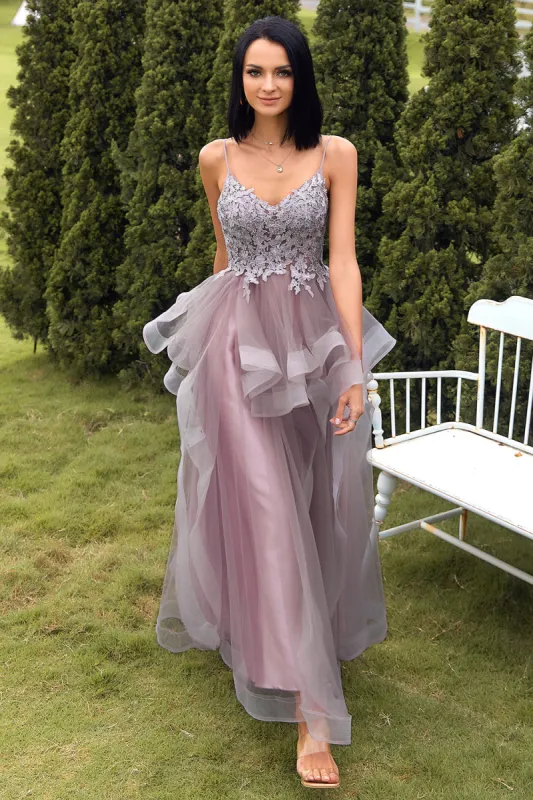 A Line Spaghetti Straps Purple Grey Long Prom Dress with Appliques sold by Zapaka