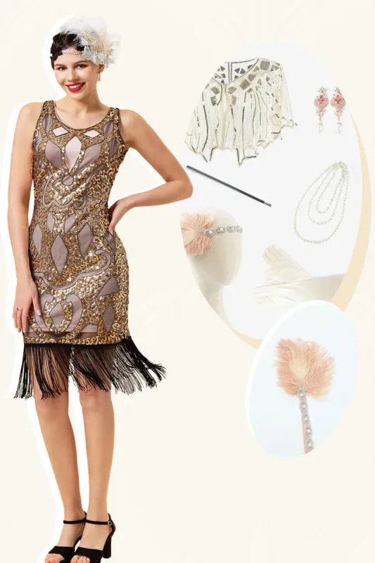 Golden Sequined Fringes 1920s Flapper Dress with 20s Accessories Set sold by Zapaka