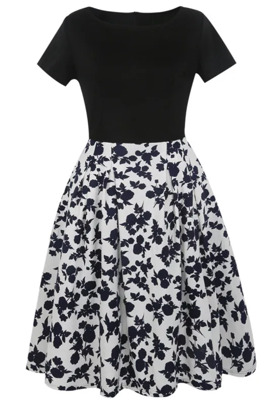 Boat Neck Printed Black 1950s Dress with Short Sleeves sold by Zapaka