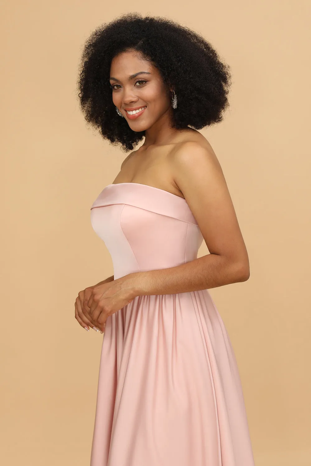 A Line Strapless Blush Satin Long Bridesmaid Dress sold by Zapaka product image thumbnail 4