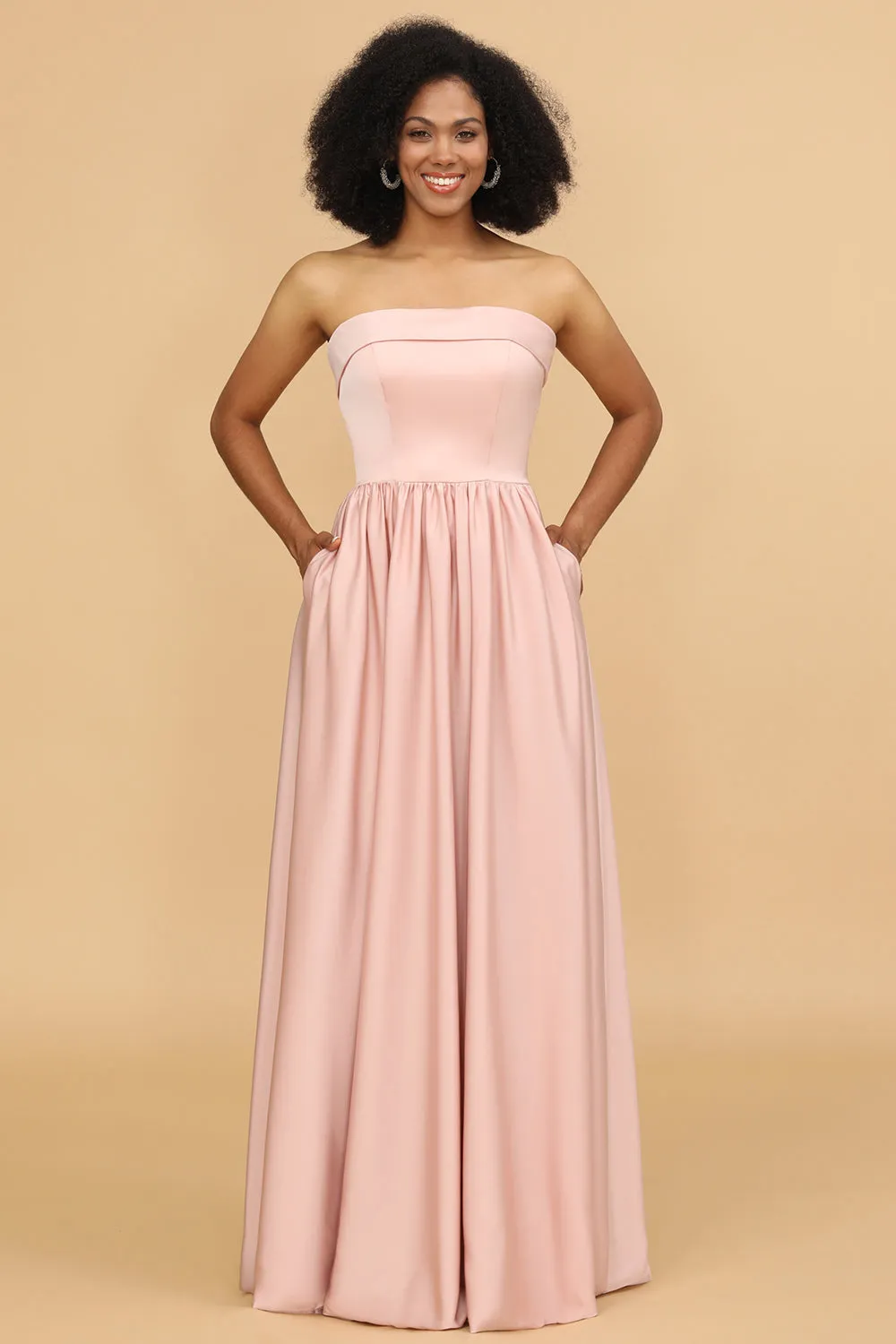 A Line Strapless Blush Satin Long Bridesmaid Dress sold by Zapaka