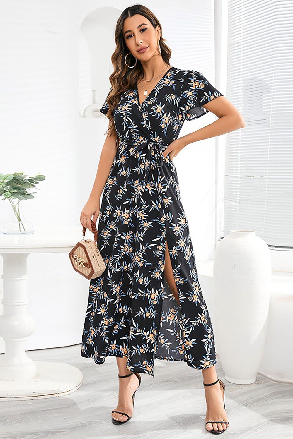 V Neck Black Floral Printed Summer Dress with Silt sold by Zapaka