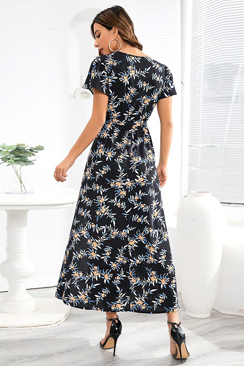 V Neck Black Floral Printed Summer Dress with Silt sold by Zapaka product image thumbnail 2