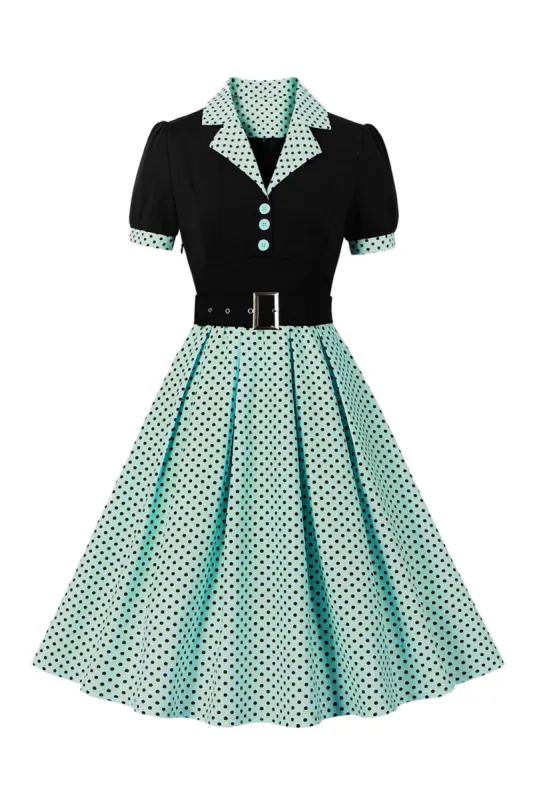 Green Short Sleeves Polka Dots 1950s Dress With Belt sold by Zapaka