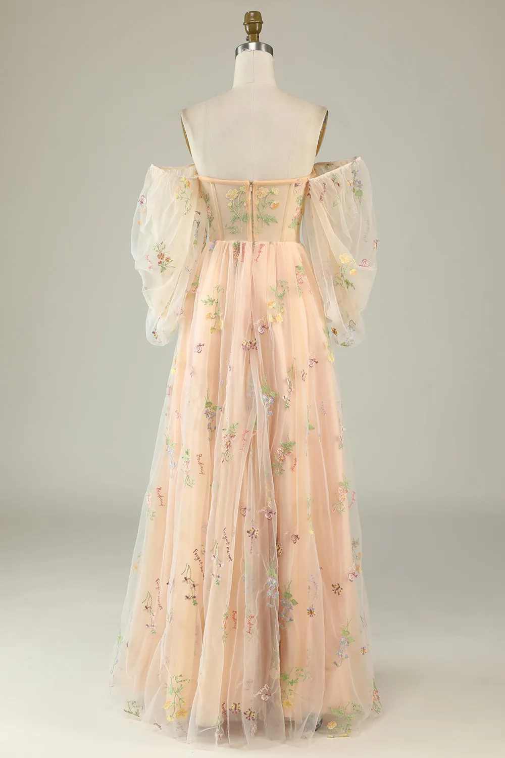 A Line Off The Shoulder Long Sleeves Champagne Tull Prom Dress with Embroidery sold by Zapaka product image thumbnail 2