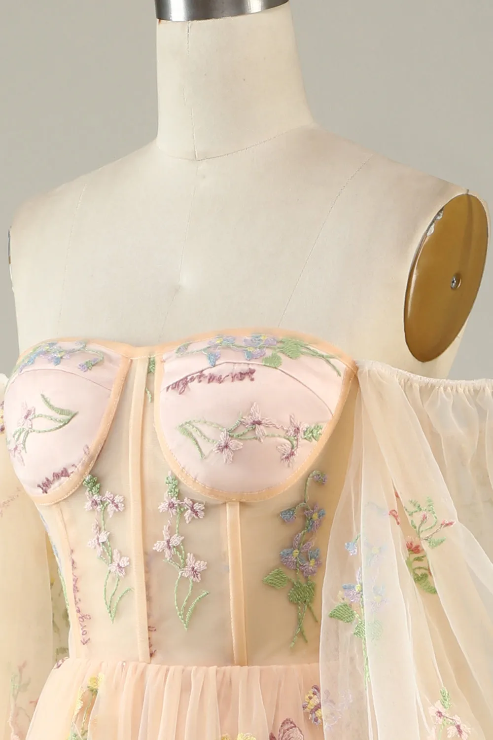 A Line Off The Shoulder Long Sleeves Champagne Tull Prom Dress with Embroidery sold by Zapaka product image thumbnail 5