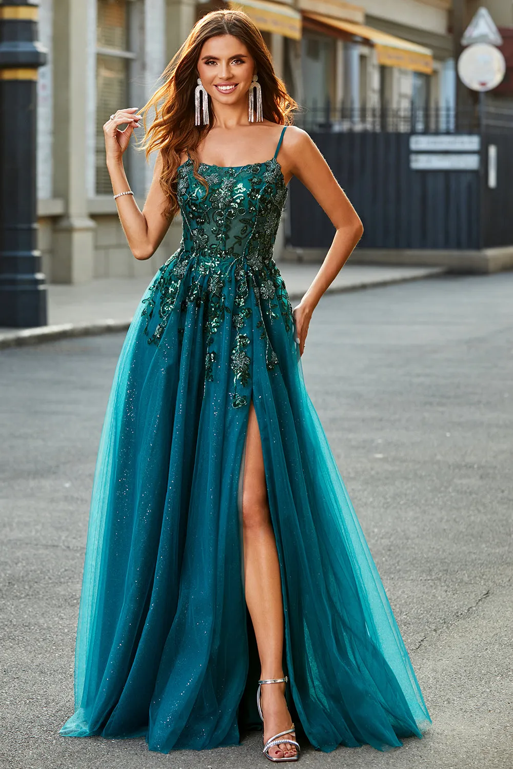 Gorgeous A Line Spaghetti Straps Dark Green Long Prom Dress with Appliques sold by Zapaka product image thumbnail 5
