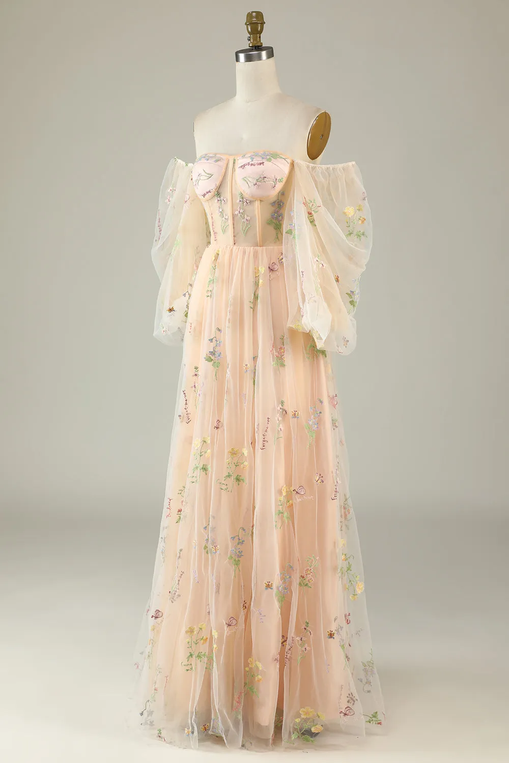 A Line Off The Shoulder Long Sleeves Champagne Tull Prom Dress with Embroidery sold by Zapaka product image thumbnail 3