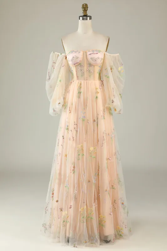 A Line Off The Shoulder Long Sleeves Champagne Tull Prom Dress with Embroidery sold by Zapaka