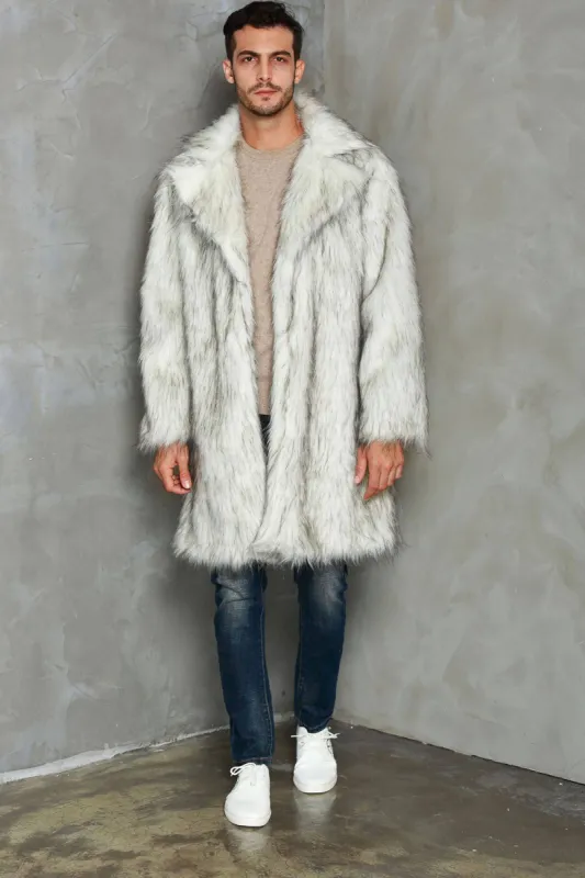 White Notched Lapel Long Faux Fur Men Coat sold by Zapaka