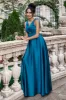 Ink Blue A Line V Neck Keyhole Pleated Long Bridesmaid Dress sold by Zapaka