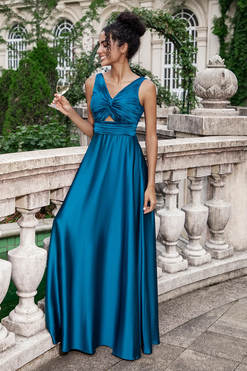 Ink Blue A Line V Neck Keyhole Pleated Long Bridesmaid Dress sold by Zapaka