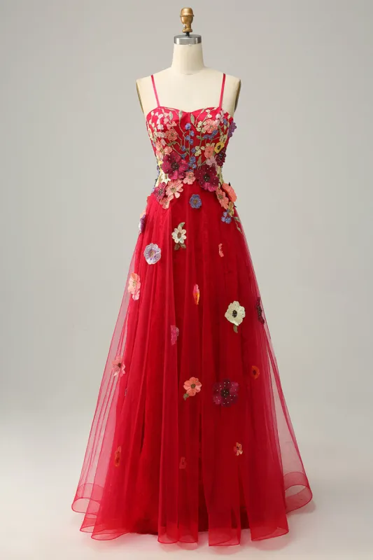 A Line Spaghetti Straps Burgundy Long Prom Dress with Appliques sold by Zapaka