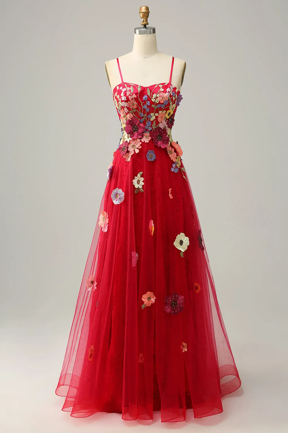 A Line Spaghetti Straps Burgundy Long Prom Dress with Appliques sold by Zapaka