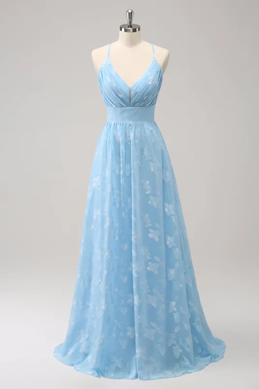 Sparkly Light Blue V-Neck Pleated Bridesmaid Dress with Embroidery sold by Zapaka