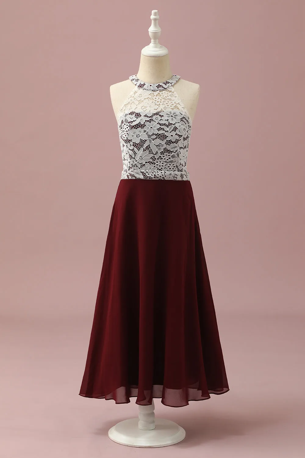 Burgundy Lace and Chiffon Halter Junior Bridesmaid Dress sold by Zapaka
